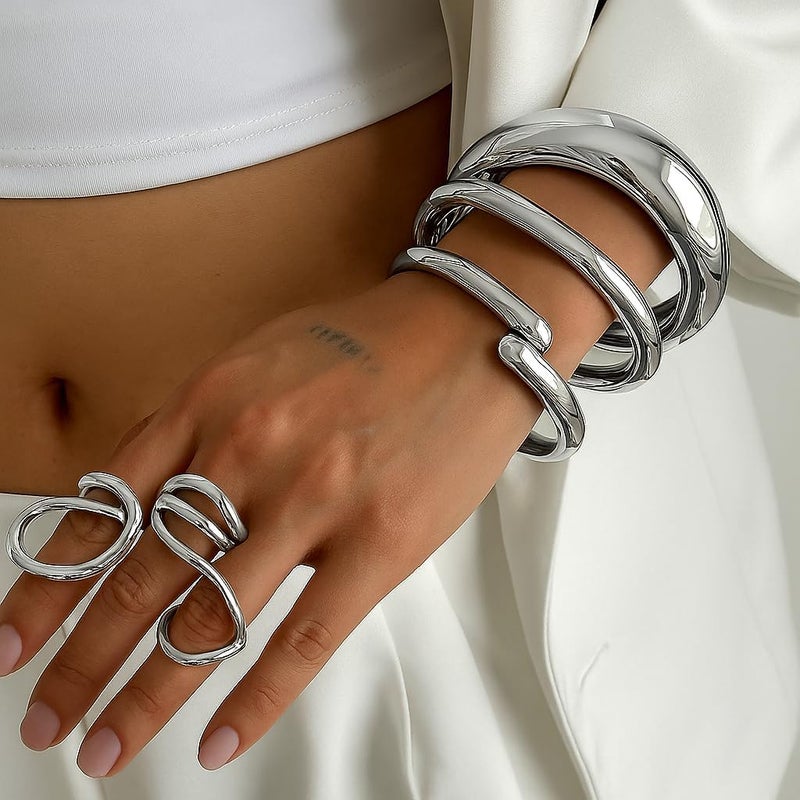 PEALICIOUS 2Pcs Chunky Bracelet for Women, Girls Gold Bangle Bracelet 7in Minimalist Silver Chunky Bangles Valentines Gifts, Trendy Gold Arm Cuff Upper Arm Band, Stack Bead Pearl Gift Summer Jewelry - Image 3